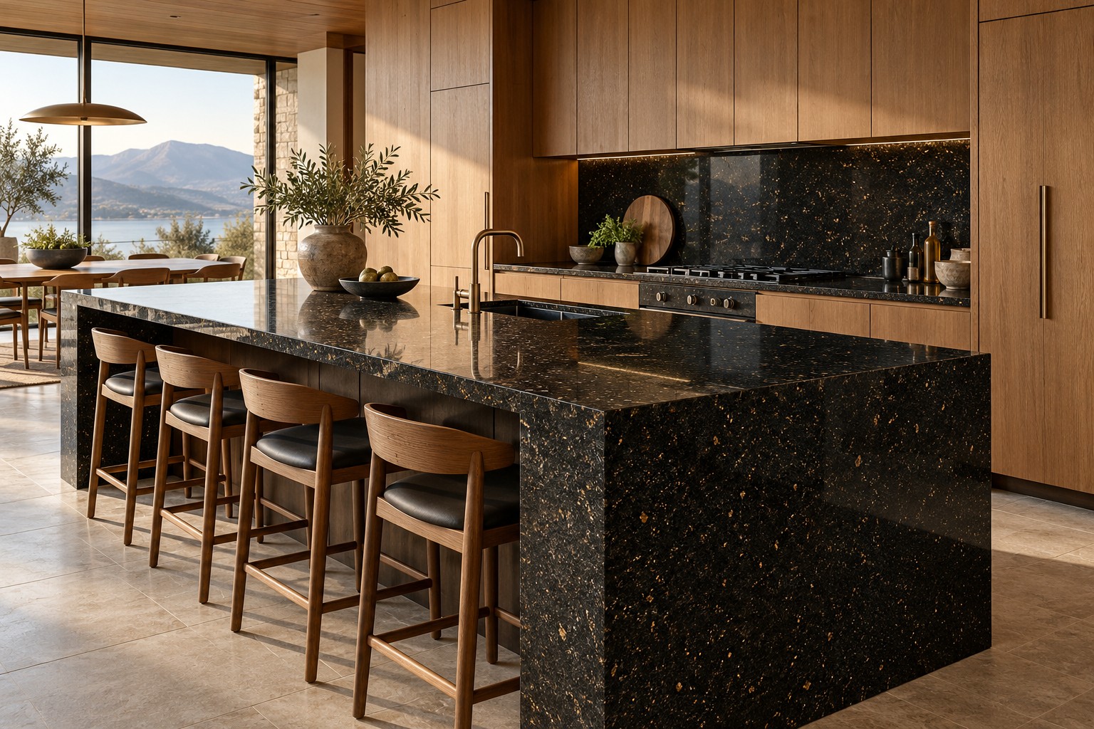 AI-generated design inspiration: dark granite kitchen island with warm timber cabinetry