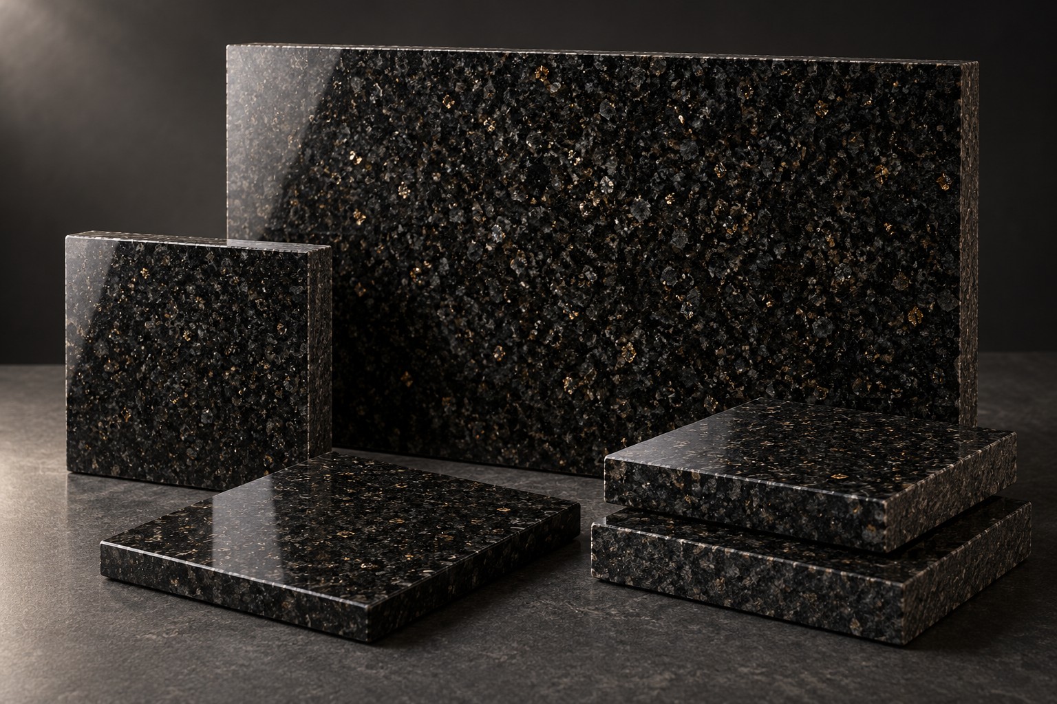 AI-generated illustrative dark granite slab and tile study